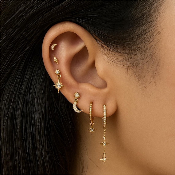 Gold CZ Star & Moon Dangle Earrings Set: Stainless Steel Stack - Etsy