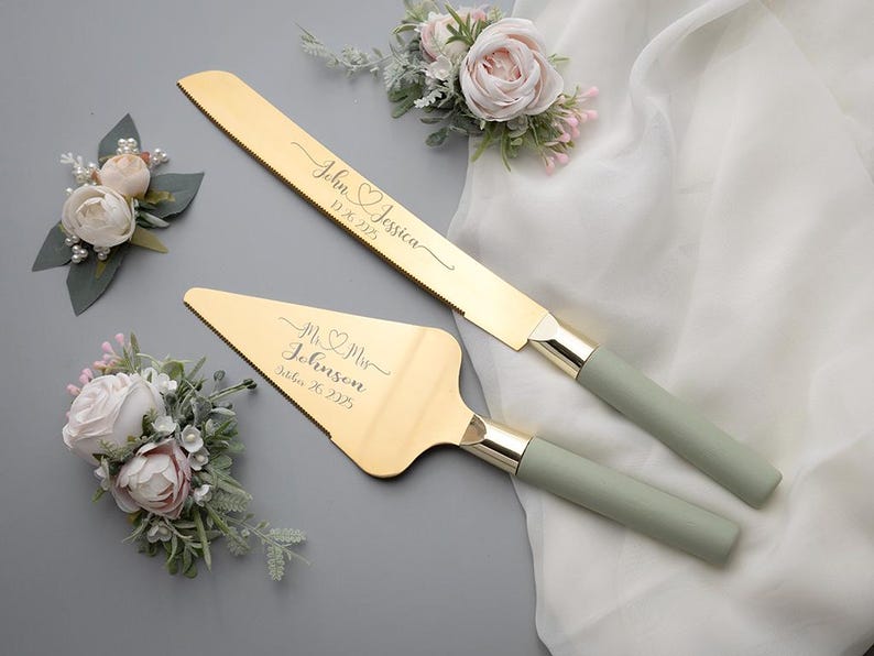 Engraved Wedding Cake Knife and Server Set: Sage Green Stainless Steel