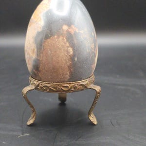 Polished Stone Egg with Ornate Brass Stand: Vintage Mineral Display