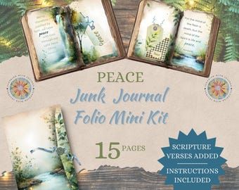 Christelijke vredes-junkjournalkit: Bijbelteksten met waterval- en beekmotieven in vintage stijl (PDF)