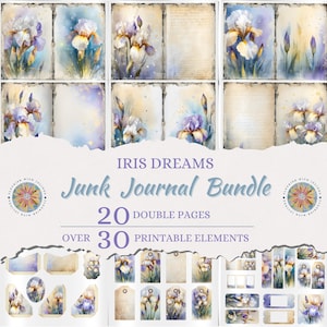 Könnte beinhalten: Ein digitales Junk-Journal-Bundle mit dem Titel "Iris Dreams" mit Aquarellillustrationen von Iris in Lila-, Weiß- und Gelbtönen. Das Bundle enthält 20 Doppelseiten und über 30 druckbare Elemente wie Tags und Ephemera.