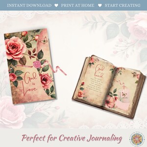 Op de afbeelding: Een digitale printset met een gesloten envelop versierd met roze rozen, een vlinder en de tekst God is Love, naast een open boek met de tekst For God so loved the world en een klein label met een vlinderillustratie.