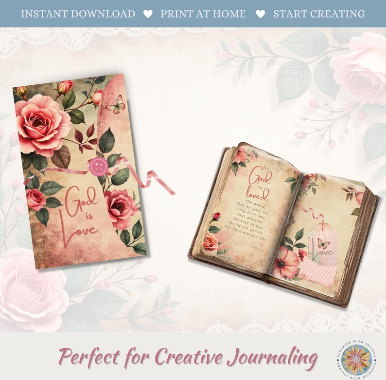 Op de afbeelding: Een digitale printset met een gesloten envelop versierd met roze rozen, een vlinder en de tekst God is Love, naast een open boek met de tekst For God so loved the world en een klein label met een vlinderillustratie.