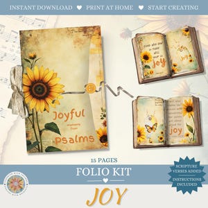 Op de afbeelding: Een digitale folio-kit met een omslag in zonnebloemthema met de tekst Joyful moments from psalms, een lintsluiting en twee opengeklapte boekpagina's met zonnebloemillustraties, vlindermotieven en bijbelverzen over vreugde.