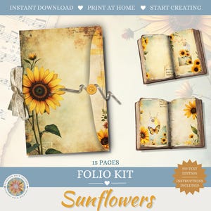 Puede incluir: Un kit de folio con temática de girasoles. El kit incluye un sobre grande con una ilustración de girasol, atado con una cinta y un botón. También se muestran dos libros abiertos con ilustraciones de girasoles y mariposas. El texto incluye "Descarga instantánea", "Imprimir en casa", "Empezar a crear", "15 páginas", "Kit Folio" y "Girasoles".