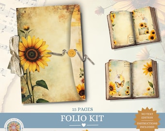 Printbare 'Sunflower Junk Journal Folio Kit', vintage bloemenpagina's voor je dagboek, pakket met gele bloemen (digitale download)