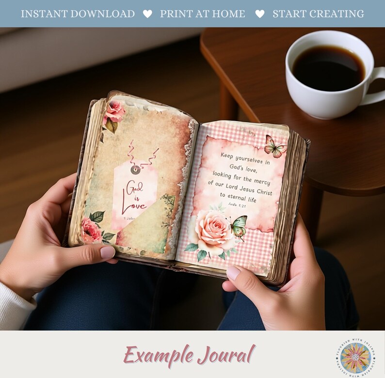 Op de afbeelding: Een open dagboek met pagina's in vintage-stijl, voorzien van bloemillustraties, vlinders en de tekst God is Love en Keep yourselves in God's love, looking for the mercy of our Lord Jesus Christ to eternal life, Jude 1:21.