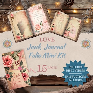 Puede incluir: Un mini kit de folio de diario basura con 15 páginas, con diseños florales y de mariposas. El kit incluye versículos bíblicos e instrucciones. La portada y las páginas muestran las palabras "Love" y "God is Love."