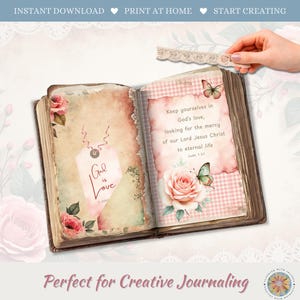 Op de afbeelding: Een open boek met pagina's in vintage-stijl, voorzien van bloemillustraties, vlinders en de tekst God is Love 1 John en Keep yourselves in God's love, looking for the mercy of our Lord Jesus Christ to eternal life Jude 1:21.