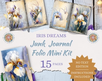 Paarse iris bloemen junk journal folio kit: aquarelbloemen, gouden details (PDF)