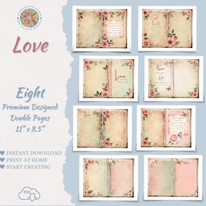 Op de afbeelding: Acht dubbelzijdige digitale journal-pagina's van 11 bij 8,5 inch, voorzien van bloemillustraties in vintage-stijl, vlinders en teksten in script. De pagina's bevatten diverse lay-outs met gelinieerde secties en decoratieve randen.