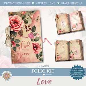 Puede incluir: Un kit de folio digital que presenta un sobre de estilo vintage con rosas rosadas, hojas verdes y una mariposa, atado con una cinta y un botón. El texto dice God is Love. Incluye dos diseños de libros abiertos con motivos florales.