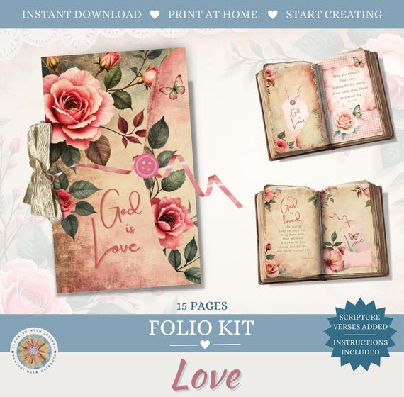 Christian Vintage Junk Journal Kit: Pink Roses, Faith Scripture Pages, Love Theme Printable Folio for Scrapbooking and Journaling