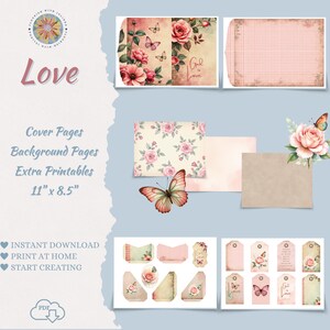 Op de afbeelding: Een digitale printbare set met bloemen- en vlinderontwerpen, inclusief omslagpagina's, achtergrondpagina's en labels. De pagina's meten 27,94 cm bij 21,59 cm en bevatten roze rozen, vlinders en de tekst God is Love op diverse onderdelen.