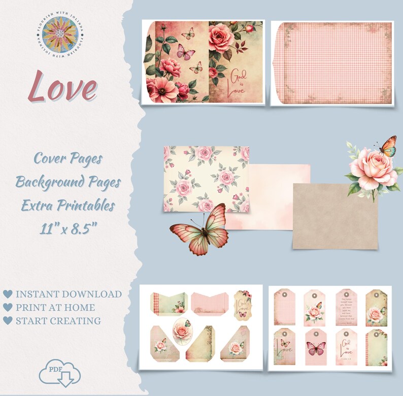 Op de afbeelding: Een digitale printbare set met bloemen- en vlinderontwerpen, inclusief omslagpagina's, achtergrondpagina's en labels. De pagina's meten 27,94 cm bij 21,59 cm en bevatten roze rozen, vlinders en de tekst God is Love op diverse onderdelen.