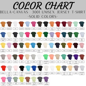 K&ouml;nnte beinhalten: Farbtabelle f&uuml;r Bella+Canvas 3001 Unisex-Jersey-T-Shirts mit einer gro&szlig;en Auswahl an unifarbenen Farben. Die Tabelle zeigt verschiedene Farbt&ouml;ne, darunter Blau-, Gr&uuml;n-, Rosa- und Neutralt&ouml;ne, und bietet eine umfassende Farbauswahl.