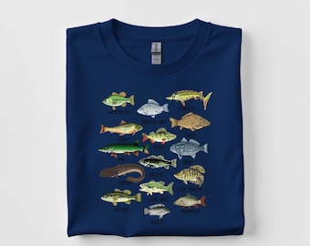 Colorful Fish Species T-Shirt, Freshwater Fish Identification Tee, Angler Gift, Fisherman Educational Graphic Shirt, Bass Trout Perch Carp