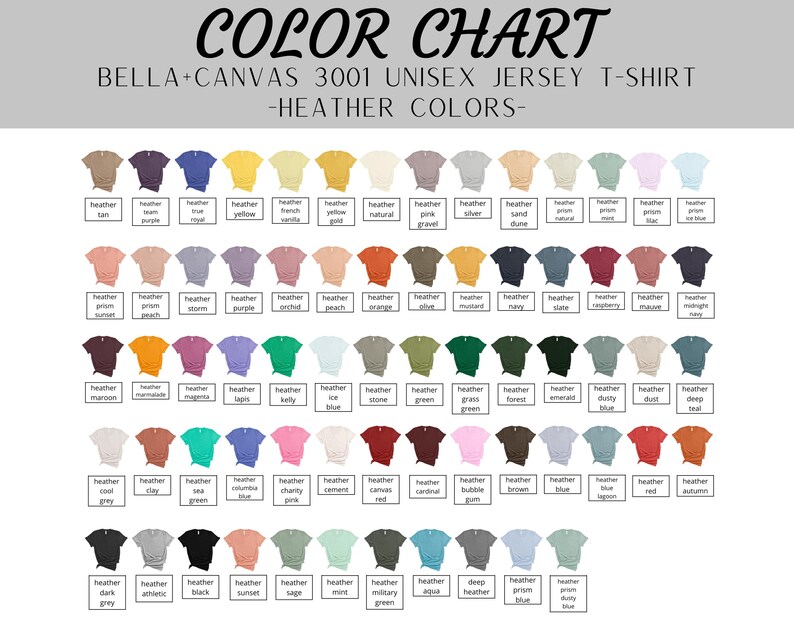 K&ouml;nnte beinhalten: Eine Farbkarte f&uuml;r Bella+Canvas 3001 Unisex-T-Shirts aus Jersey, die eine gro&szlig;e Auswahl an melierten Farben zeigt. Die Karte zeigt verschiedene T-Shirt-Farbt&ouml;ne, die jeweils mit ihrem entsprechenden Farbnamen beschriftet sind, wie z. B. "Heather Tan" und "Heather Purple".