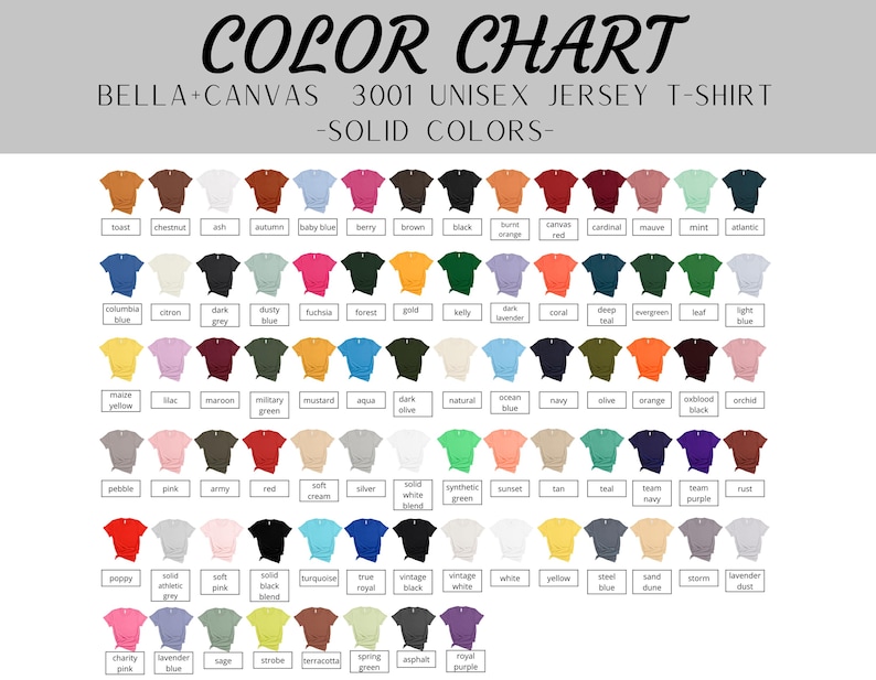 May include: Color chart for Bella+Canvas 3001 unisex jersey t-shirts, featuring a wide array of solid colors. The chart displays various hues, including shades of blue, green, pink, and neutral tones, providing a comprehensive color selection guide.