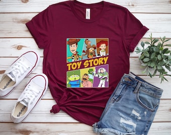 Camiseta de dibujos animados de Toy Story • Camiseta retro de Pixar Woody Buzz Lightyear Jessie • Camiseta con personajes de Toy Story en bloques de color