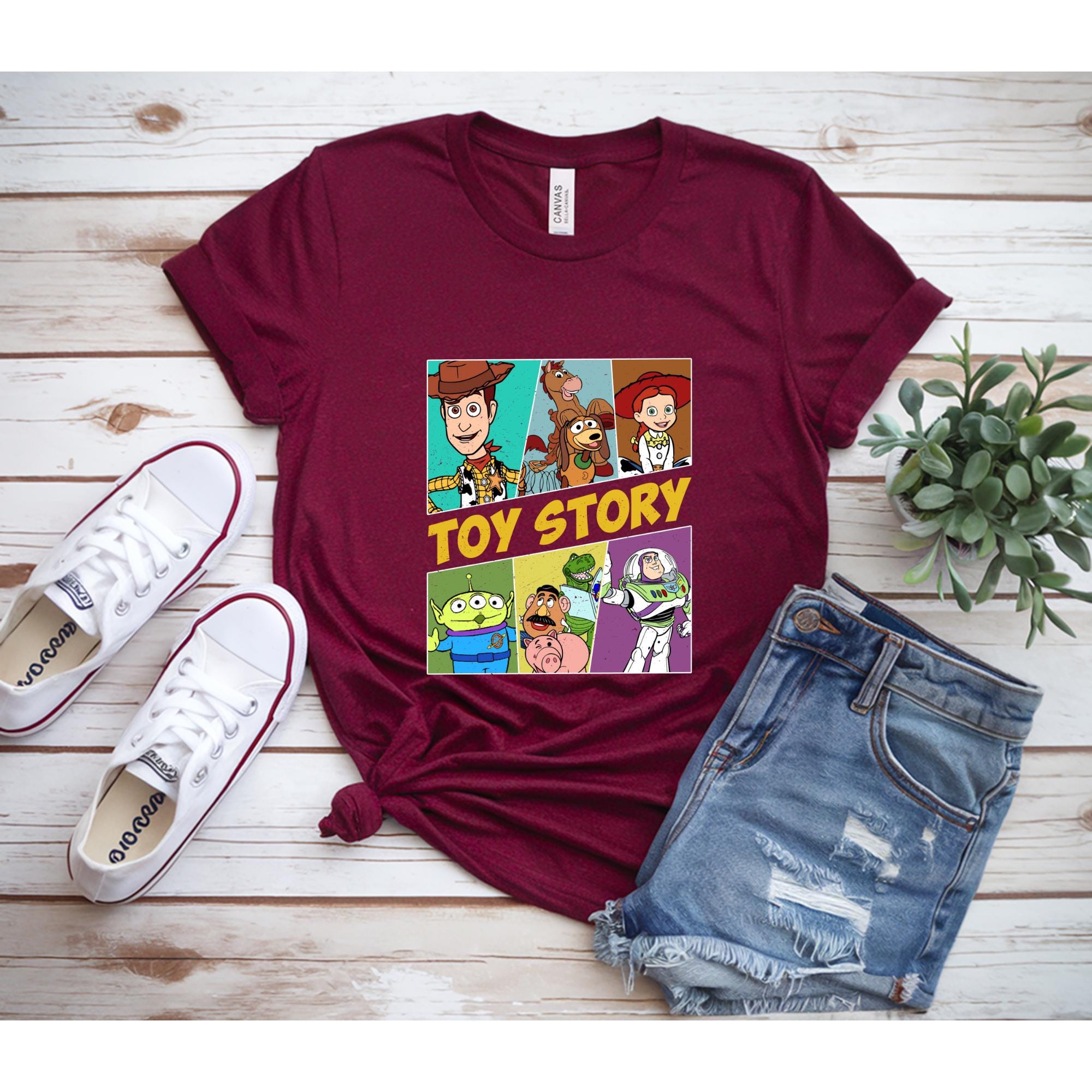 Toy Story Cartoon Tee • Retro Pixar Woody Buzz Lightyear Jessie Shirt • Color Block Toy Story Characters T-Shirt