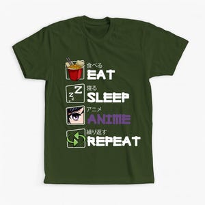 Eat Sleep Anime Repeat Shirt – Funny Otaku Tee with Japanese Text and Icons – Perfect Gift for Anime Lovers & Fans