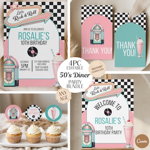 50s Diner Rock & Roll Birthday Invitation Bundle | Retro Pink Party Invite | Sock Hop Party Decor | Editable Canva Template | Girl Birthday
