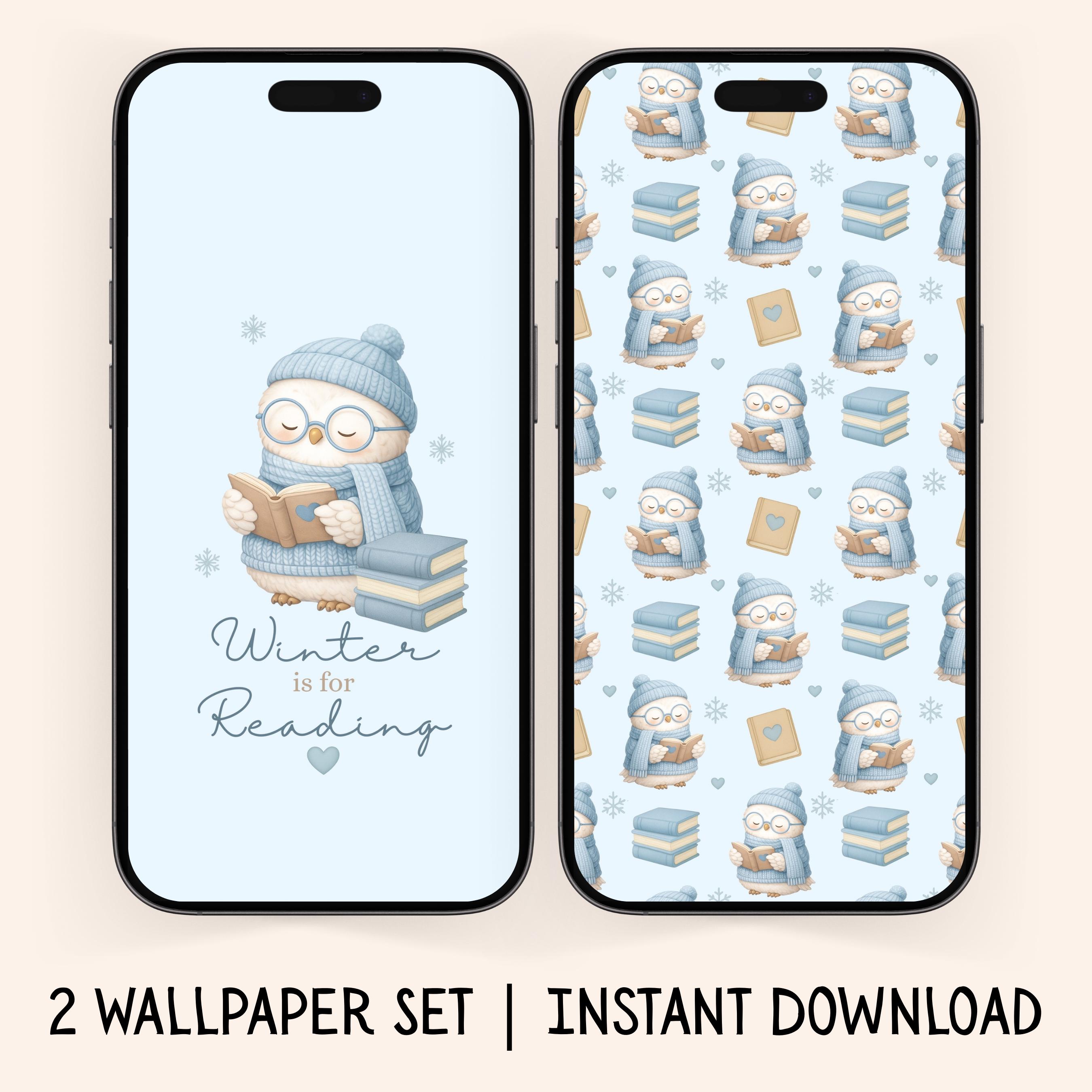 Winter Reading Owl Phone Wallpaper Duo | Cozy Book Lover Set (Digital Download)