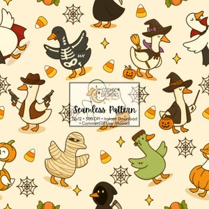 May include: A seamless Halloween-themed pattern featuring cartoon geese dressed in costumes. The geese are depicted as a skeleton, witch, mummy, and cowboy, along with candy corn, spiderwebs, and stars. The pattern includes the text "Seamless Pattern".