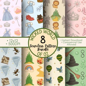 May include: Eight seamless patterns with a "Wizard of Oz" theme. The patterns feature illustrations of Dorothy's dress, ruby slippers, the Tin Man, the Lion, the Wicked Witch's hat, and the Yellow Brick Road. The text reads "Wicked World of Oz".
