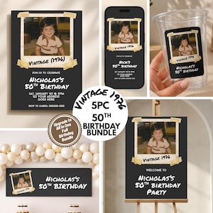 May include: A 5-piece birthday party bundle featuring a black theme with a vintage 1976 photo frame design. Includes a printed invitation, a digital mobile invitation, a clear plastic cup, a large banner, and a welcome sign for a 50th birthday.