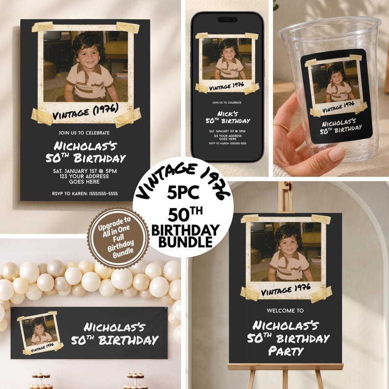 May include: A 5-piece birthday party bundle featuring a black theme with a vintage 1976 photo frame design. Includes a printed invitation, a digital mobile invitation, a clear plastic cup, a large banner, and a welcome sign for a 50th birthday.