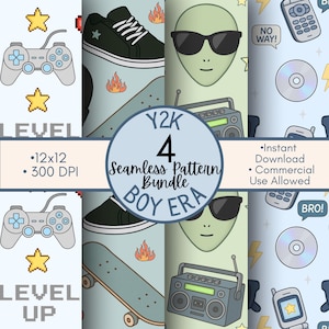 Könnte beinhalten: Ein digitales Kunstpaket mit vier nahtlosen Mustern zum Thema Y2K und den frühen 2000er Jahren. Die Muster zeigen einen Videospiel-Controller, Turnschuhe, einen Außerirdischen mit Sonnenbrille, eine Boombox und ein Skateboard. Der Text "Y2K Boy Era" ist ebenfalls enthalten.