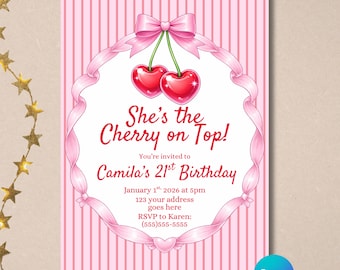 She’s the Cherry on Top Birthday Invitation | Cherry Birthday Invite | Pink Birthday Party | Cherry Theme Party | Canva Template