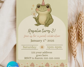 Cottagecore Frog Birthday Invitation | Whimsical Kids Birthday Invite | Toddler Frog Party | Woodland Birthday | Editable Canva Template