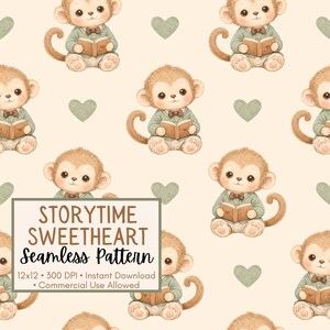 May include: A seamless pattern featuring watercolor illustrations of adorable monkeys reading books, wearing green jackets and bow ties, with light green heart shapes on a cream background. The text "Storytime Sweetheart Seamless Pattern" is displayed in a rectangular box.