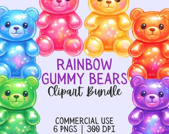 Puede incluir: Ilustración digital de seis ositos de goma de colores: azul, rosa, amarillo, naranja, verde y morado. La imagen incluye el texto "RAINBOW GUMMY BEARS Clipart Bundle" y "COMMERCIAL USE 6 PNGS | 300 DPI".
