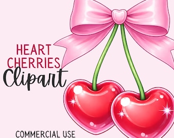 Coquette Cherries Clipart PNG, Pink Bow Heart Cherries, Cute Valentine Cherry PNG, Y2K Glossy Cherries, Transparent PNG, Commercial Use