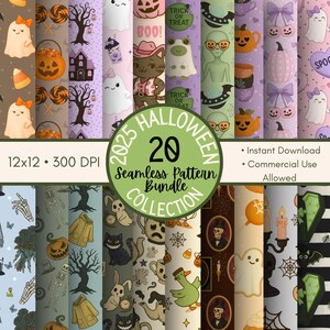 Puede incluir: Una colección de 20 patrones de Halloween sin costuras en varios colores. Los patrones presentan fantasmas, calabazas, gatos, extraterrestres y otros elementos espeluznantes. El texto dice "2025 Halloween Seamless Pattern Bundle Collection". La imagen es de 12x12 pulgadas a 300 DPI.