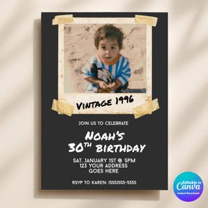 May include: A black birthday invitation card featuring a vintage-style photo of a child holding a toy, attached with tape. The text reads: VINTAGE 1996, JOIN US TO CELEBRATE, NOAH'S 30TH BIRTHDAY, SAT. JANUARY 1ST @ 5PM, 123 YOUR ADDRESS GOES HERE, RSVP TO KAREN: (555)555-5555.