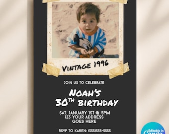 30th Birthday Photo Invitation Template, Editable Vintage 90s Polaroid Invite, Retro 30th Birthday Party Invite, Canva Template, 1996 Invite