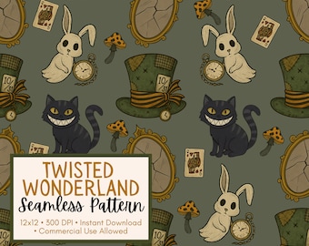 Twisted Wonderland Halloween Seamless Pattern: Spooky Alice Design (Digital Download)