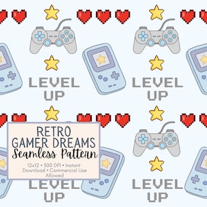 May include: Seamless pattern featuring retro gaming elements. The design includes pixelated red hearts, yellow stars, gray game controllers, and light blue handheld consoles. The words "LEVEL UP" are also present. The pattern is titled "RETRO GAMER DREAMS".