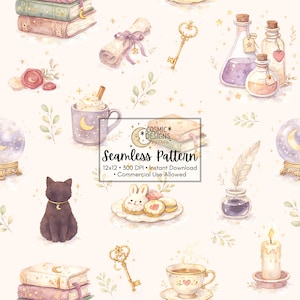 May include: Watercolor seamless pattern featuring magical elements like books, potions, a crystal ball, and a black cat. The design includes a mug with a crescent moon, a key, and the text "Seamless Pattern". The color palette is soft with pastel tones.