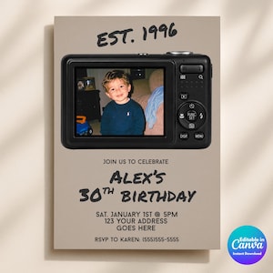 May include: A beige birthday invitation card featuring a black digital camera graphic with a photo of a young child. Text reads: EST. 1996, JOIN US TO CELEBRATE ALEX'S 30TH BIRTHDAY, SAT. JANUARY 1ST @ 5PM, 123 YOUR ADDRESS GOES HERE, RSVP TO KAREN: (555)555-5555.