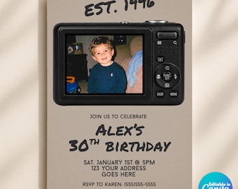 30th Birthday Photo Invitation Template, Vintage 1996 Birthday Invite, Retro Digital Camera Invitation, Childhood Photo, Editable Canva