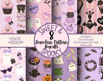Papel digital de Halloween en tonos pastel / Patrones de fantasmas, murciélagos y calabazas (Descarga digital)