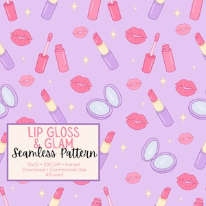May include: A seamless pattern with illustrations of lip gloss, lipstick, compact mirrors, and pink lips on a lilac background. The text "Lip Gloss & Glam Seamless Pattern" is displayed in a white box. The design includes star accents.