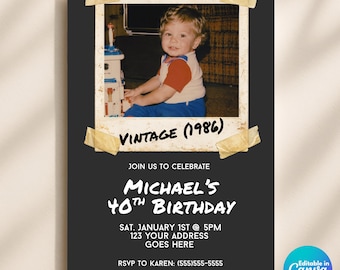 40th Birthday Photo Invitation Template, Editable Vintage 80s Polaroid Invite, Retro 40th Birthday Party Invite, Canva Template, 1986 Invite
