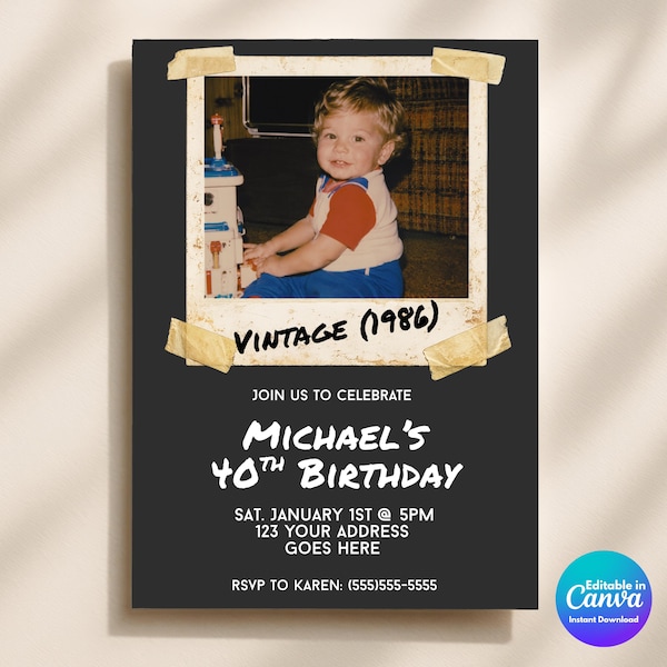 40th Birthday Photo Invitation Template, Editable Vintage 80s Polaroid Invite, Retro 40th Birthday Party Invite, Canva Template, 1986 Invite